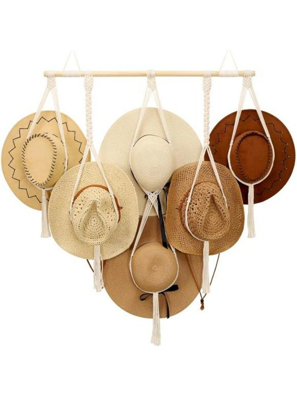 Macrame hat holder wall hanging organizer rack for wide brim boho hats